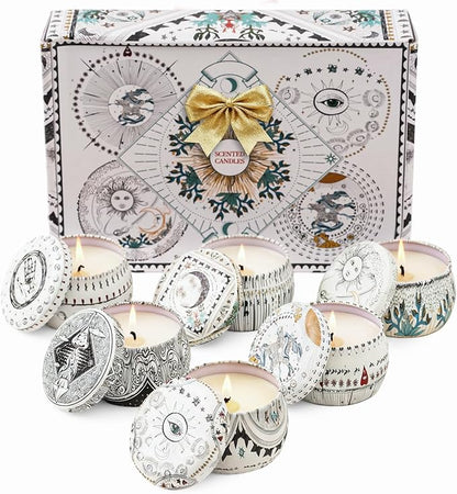 Mystical Scented Candle Gift Set, 6 Large 5.5 oz Celestial Metal Jars with Zodiac Designs, Long-Lasting Aromatherapy Scents, Holiday & Christmas Gift Set for Women