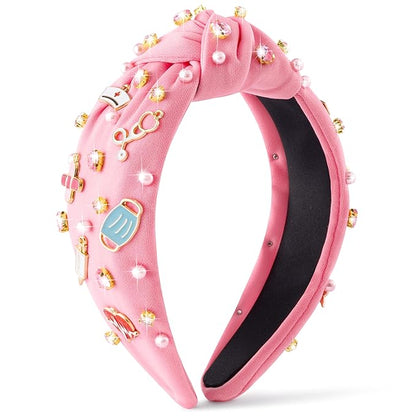 PANTIDE Nurse Jeweled Knotted Headband - Christmas Nurse Day Gift Medical Mask Rhinestone Crystal Pearl Embellished Headband Wide Top Knot Hair Accessories for Doctor Nursing Student Women Girl (Pink)