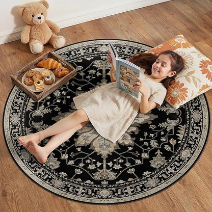 Area Rugs 4ft Washable Non-Slip, Floral Vintage Distress Print Pattern Medallion Carpet for Living Room Bedroom Dining Room, Black Brown Neutral Dark Tan