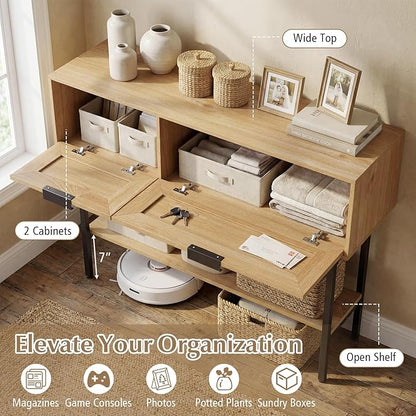 Giantex Rattan Console Table with Storage, 40" Boho Entryway Table w/ 2 Flip Door Cabinets & Shelf, Metal Frame, 2 Anti-Tipping Kits, Narrow Long Behind Couch Sofa Table for Entrance Hallway, Natural