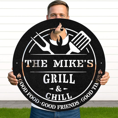 Outdoor BBQ Metal Sign, Custom Name Grill Sign for Patio and Backyard, Rustic Cut Metal Wall Decor, Personalized Barbecue Gift