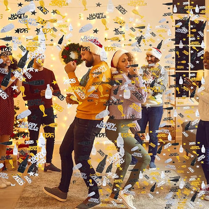 2026 Happy New Year Confetti, New Years Eve Table Decorations, Glitter Gold Black and Silver Star Wine Bottle Sprinkles Champagne Table Scatter Confetti Party Winter Holiday Table Decorations