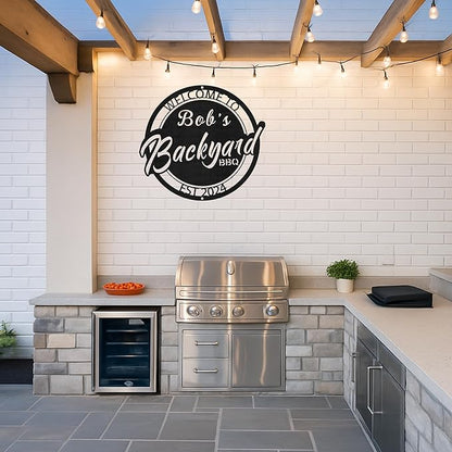 Custom Name Grill Metal Sign, Rustic BBQ Wall Art for Outdoor Kitchen & Backyard Patio, Personalized Barbecue Gift Idea