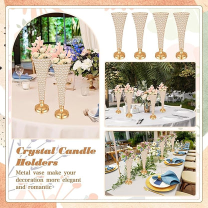 Rtteri 4 Pcs 20 Inch Tall Crystal Vase for Centerpieces Wedding Christmas Metal Crystal Trumpet Flower Vase Stand for Holiday Table Floor Wedding Banquet Celebration, Classic Elegance(Gold)