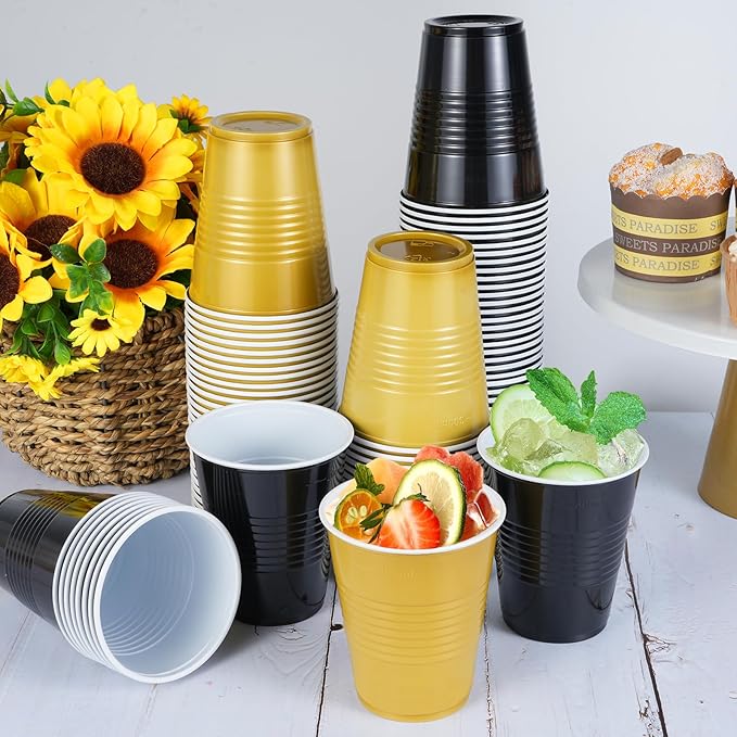 100 Pcs Black and Gold Plastic Cups 12 oz, Bulk Gold and Black Disposable Party Graduation Cups for Graduation New Year Wedding Birthday Christmas Theme Party Supplies Decorations
