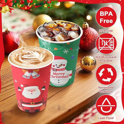 Lamosi Christmas Paper Cups 12 oz 100 Pack, Disposable Coffee Cups Hot/Cold Beverage for Xmas Party, Holiday, Cafe, Restaurant