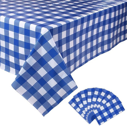 Kesfey 8 Packs Bule and White Checkered Tablecovers 54 x 108 Inches Disposable Party Picnic Table Cloth SpillProof Plastic Gingham Tablecovers for Camping Decoration Party Favors