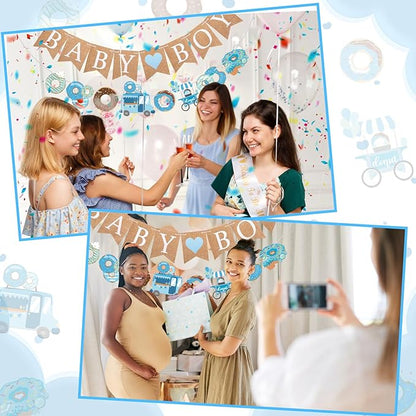 2 Pcs Baby Boy Shower Decorations Pre-Strung Baby Boy Burlap Banner and Donut Toy Banner for Gender Reveal Birthday Party Decorations