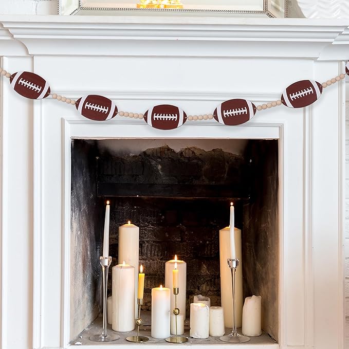 Wood Football Garland Banner Decorations,Football Wood Bead Banner Party Decor,for Wall Fireplace Mantle Home Office Spring Favors Sports Theme Birthday Tailgate Party Game Day Supplies