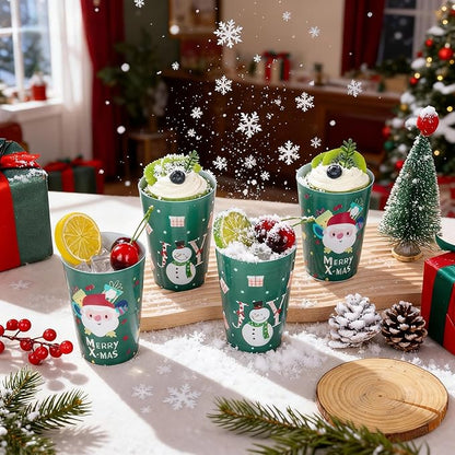 I00000 50Pcs 12oz Snowman Pattern Design Christmas Plastic Cups, Premium Disposable Cups, Green Xmas Party Cup with Santa Claus Pattern Design, Perfect for Christmas Party
