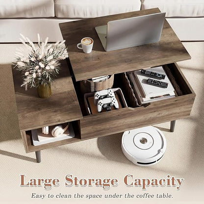 OLIXIS Wooden Coffee Table, Lift Top Coffee Table with Large Hidden Compartment and Ample Storage Shelf, Lift Tabletop Dining Table for Living Room, Home Small Space, Grey