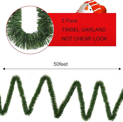 2 Pack 50 Foot Soft Christmas Garland, Non-lit Christmas Garland Ideal for Indoor and Outdoor Decor, Green Tinsel Garland for Holiday Wedding Party Decoration