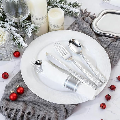 WELLIFE 300PCS Silver Plastic Silverware,Pre Rolled Silverware Set Disposable,Hammer Pattern Design,Disposable Cutlery Includes: 75 Forks, 75 Knives, 75 Spoons, 75 Napkins,Christmas Utensils