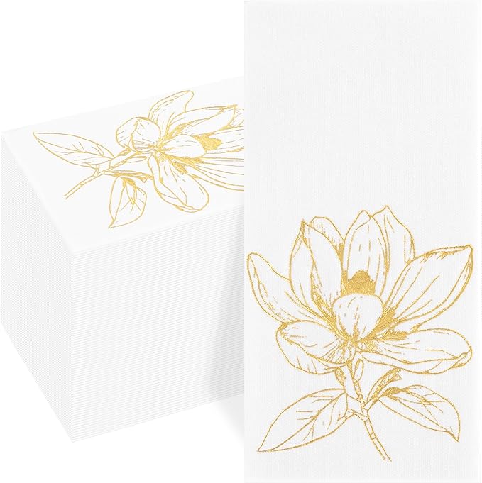 50 Pack Gold Magnolia Napkins - Gold Floral Disposable Napkins - Cloth-Like Feel Dinner Paper - Retro Heavy Duty Hand Towels for Bathroom Wedding Holiday Party Bridal Decorative Towels