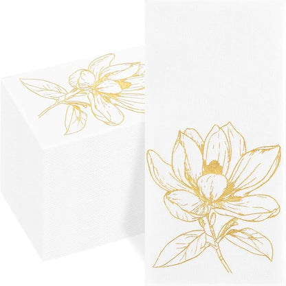 50 Pack Gold Magnolia Napkins - Gold Floral Disposable Napkins - Cloth-Like Feel Dinner Paper - Retro Heavy Duty Hand Towels for Bathroom Wedding Holiday Party Bridal Decorative Towels