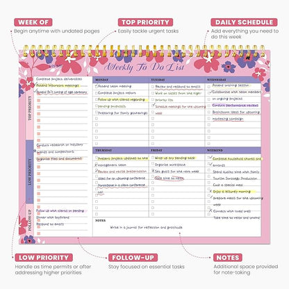Weekly To Do List Notepad with 52 Undated Sheets（8.5"×11"）- Undated Weekly Planner Notepad for Office Desk Accessories and Supplies - Petal Pink