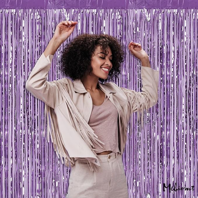 4 Pack Light Purple Fringe Curtain Backdrop, 3.2Ft x 8.2Ft Metallic Tinsel Foil Fringe Streamers Background for Photo Booth Birthday Wedding Baby Shower Carnival Easter Mother’s Day Party Decorations