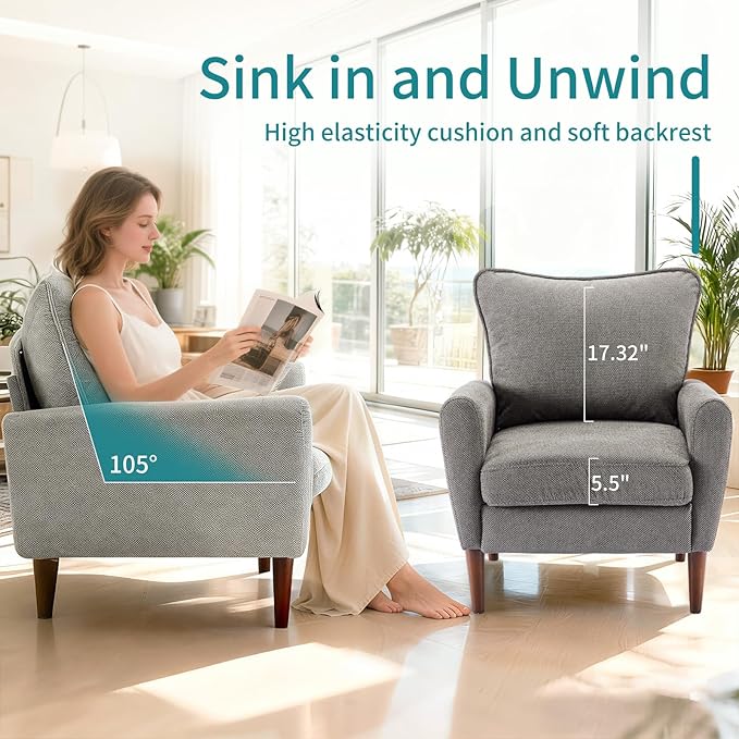 OLIXIS Comfy Accent Chair for Living Room Bedroom and Waiting Room, Upholstered Mid-Century Reading Chair with Pillow and Solid Wood Legs, Wide Singe Modern Lounge Sofa (Gray, 2 Pack)