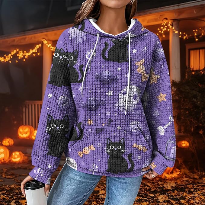 Halloween Sweatshirts for Women Novelty Graphic Drawstring Waffle Hoodies Loose Casual Pullover Tops with Pocket