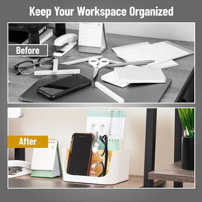 Mind Reader 5-Compartment Desktop Organizer, Adjustable Caddy, Plastic and Wood, White