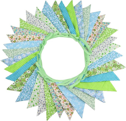 10M/32Ft Triangle Bunting Banner, 36 Pcs Cotton Fabric Flags Pennant Garlands for Birthday Party, Wedding, Baby Shower, Outdoor and Home Decorations (Green)