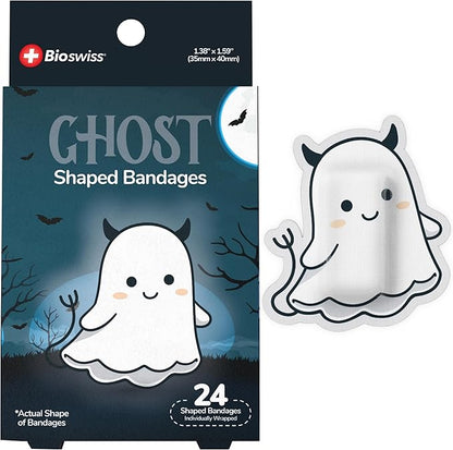 BioSwiss Kids Bandages, Halloween Ghost Shaped Self Adhesive Bandage Set, Latex Free, Sterile Wound Care, 24 Count