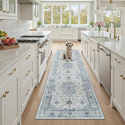 Area Rugs 2'x8' Runner Rug Non Slip Washable for Kitchen Hallway Bedroom Beside Laundry Room Bathroom Rug, Floor Carpet, Light Blue Navy Beige Gray White