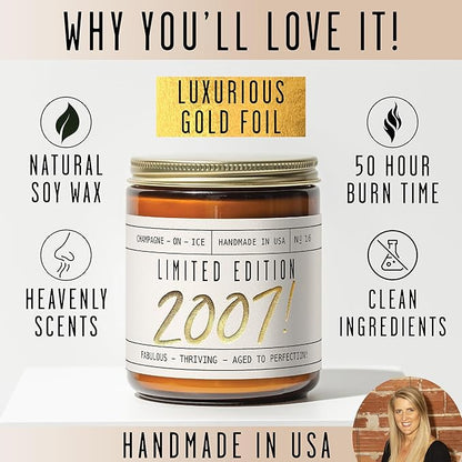 18th Birthday Gifts for Girls - 'Limited Edition 2007' Soy Candle, w/Champagne on Ice I 18 Birthday Gifts for Women I 18th Gift for Her Ideas I 9oz Reusable Jar, 50Hr Burn, Made in USA