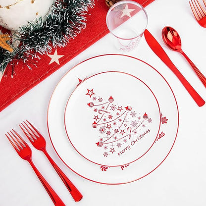 Supernal 150pcs Christmas Plastic Dinnerware Include Red Plastic Plates, Disposalbe Cups,Christmas Party Supplies,Red Plastic Silverware for Christmas Party and New Year