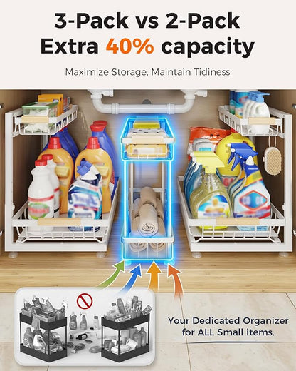 3 Pack Under Sink Organizer, Multi-Purpose 2 Tier Pull-Out Metal Under Kitchen Sink Organizer, Height Adjustable Storage Shelves for Kitchen Bathroom Cabinet (White)