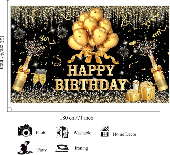 YinQin 180x120 cm Glitter Golden Black Happy Birthday Backdrops Banners Cloth 71x47 inch Bday Party Photography Backgrounds Shiny Black Gold Happy Birthday Sign Party Decorations for Girl Women
