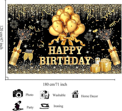 YinQin 180x120 cm Glitter Golden Black Happy Birthday Backdrops Banners Cloth 71x47 inch Bday Party Photography Backgrounds Shiny Black Gold Happy Birthday Sign Party Decorations for Girl Women