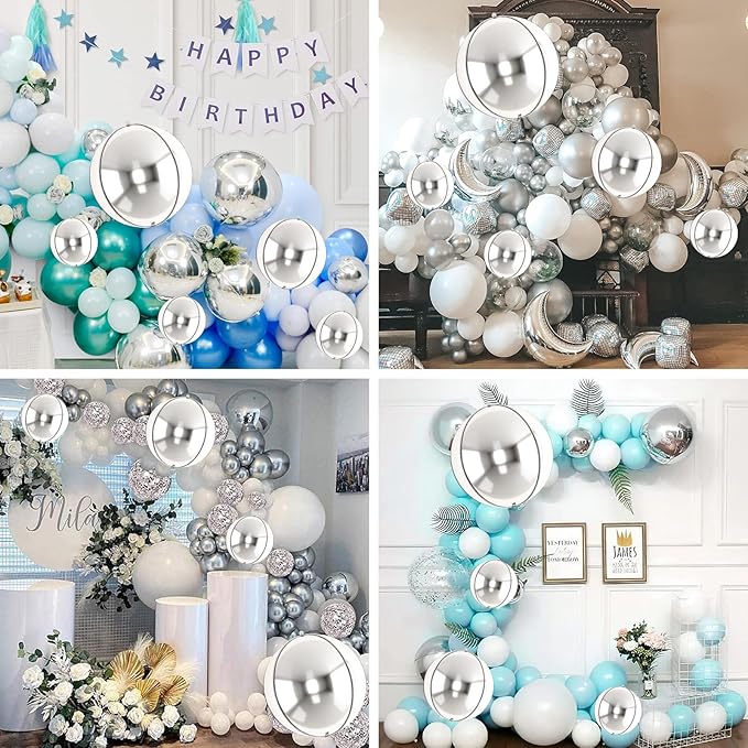 12PCS Silver Foil Balloons 22in 15in 10in Different Sizes Large Silver Foil Metallic Balloons 4D Round Chrome Balloon for Graduation New Year Birthday Party Decorations