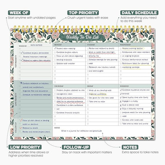 Taja Weekly To Do List Notepad with 52 Undated Sheets（8.5"×11"）- Weekly Desk Planner for Women & Man, Work and Home - 1 Pack Rose Meadow