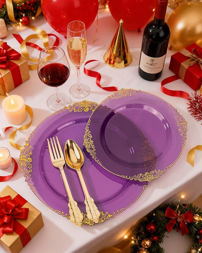Nervure 350PCS Purple Plastic Plates - Purple Plastic Dinnerware Sets for 50 Guests - 100 Disposable Plates, 150 Gold Silverware, 50 Cups, 50 Napkins for Wedding & Party