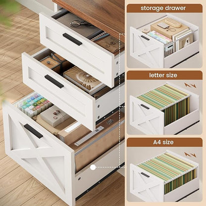 SEDETA Farmhouse 67" L Shaped Desk with 3 Drawers, White Corner Computer Desk with Storage Shelves, Home Office Desks with Power Outlets，Executive Desk for Home Office, White and Brown