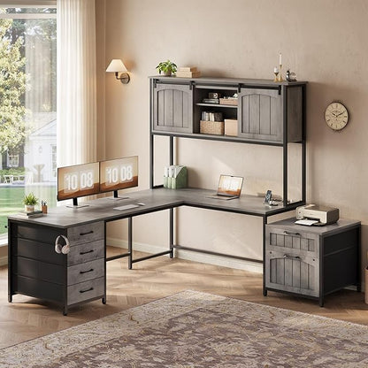 SEDETA Farmhouse L Shaped Office Desk with 6 Drawer, Reversible Computer Desk with Power Outlet, Hutch for Home Office/Two Person, Corner Desk with File Drawer & Printer Storage Shelves, Grey