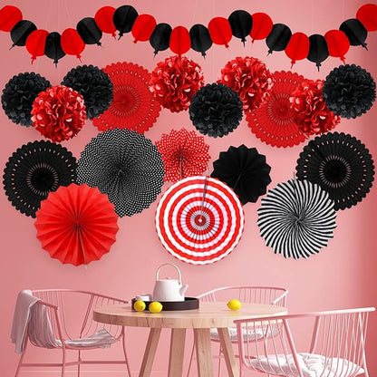 Red and Black Party Decorations, Papar Fans Pompoms Fans Garlands for Birthday Wedding Graduation Game Night Boy Girl Party Decorations