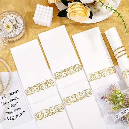 50PCS Gold Napkins Disposable - White and Gold Paper Napkins - Cloth-Like Feel Dinner Paper - Elegant Heavy Duty Hand Towels for Bathroom Thanksgiving Party Bridal Decorative Reception