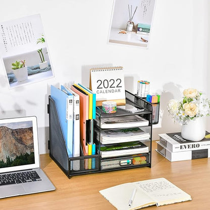 Marbrasse Desk Organizer with File Holder, 5-Tier Paper Letter Tray Organizer with Drawer and 2 Pen Holder, Mesh Desktop Organizer and Storage with Magazine Holder for Office Supplies(Black)