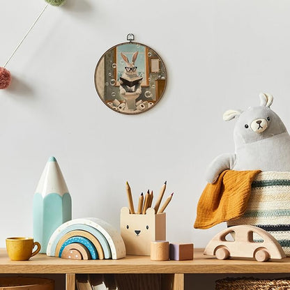 TLESKE Funny Bathroom Bunny Rabbit Round Wall Art Decor 10x10, Bunny Rabbit Sitting on Toilet Framed Canvas Wall Art Prints Artwork, Easter Bunny Wall Hanging Room Door Decor for Bathroom Toilet