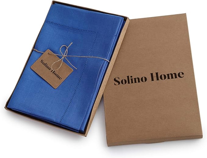 Solino Home Linen Napkins Set of 4 - Classic Hemstitch 100% Pure Linen Royal Blue Dinner Napkins Cloth 20 x 20 Inch - Handcrafted and Machine Washable - Holiday, Winter, Christmas, New Year