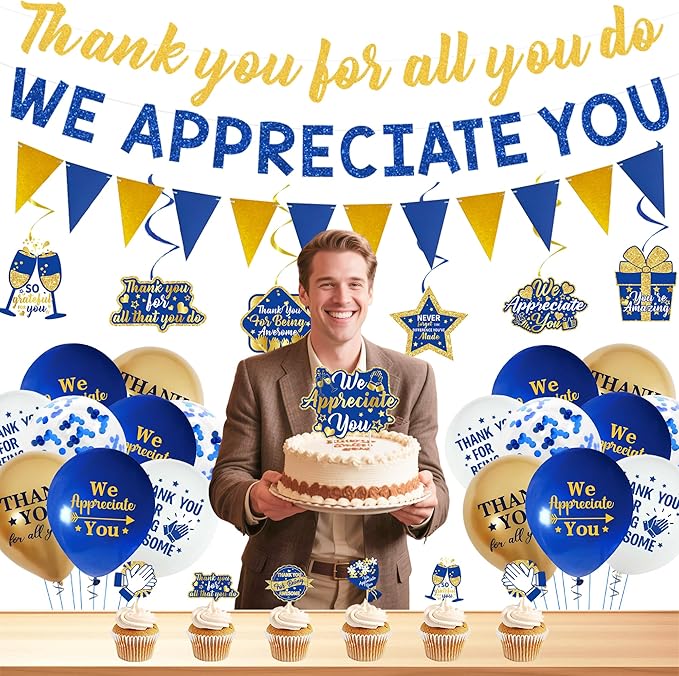 DARUNAXY Blue Gold We Appreciate You Decorations, Thank You All You Do Banner Hanging Swirl Confetti Balloons for Retirement Office Coworker Staff Teachers Nurse Appreciation Gifts Party Supply