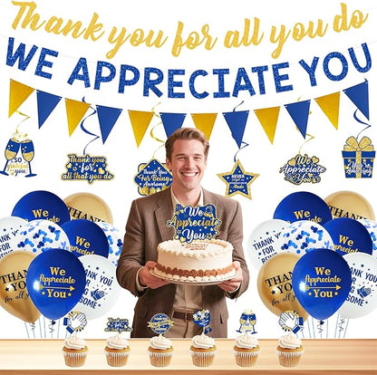 DARUNAXY Blue Gold We Appreciate You Decorations, Thank You All You Do Banner Hanging Swirl Confetti Balloons for Retirement Office Coworker Staff Teachers Nurse Appreciation Gifts Party Supply