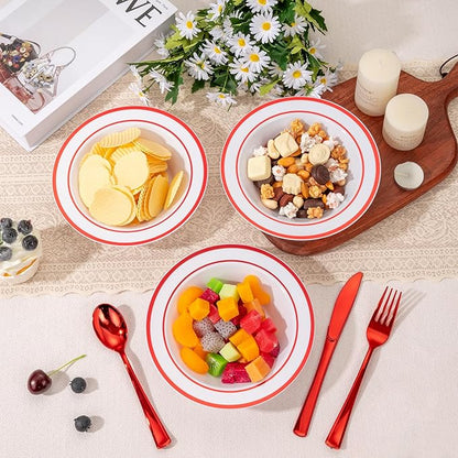 Goodluck 100 Pack Plastic Bowls with Red Rim, 12oz Disposable Soup Bowls, Heavy Duty Dessert Bowls for Weddings, Parties, Christmas Dinners, Catering, Thanksgiving and Everyday Use