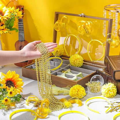 50 Pcs Gold Holiday Team Spirit Party Accessories Pom Pom Party Headbands Star Shape Sunglasses Bead Necklaces Stuff Favors for Birthday Wedding Supplies(Classic)