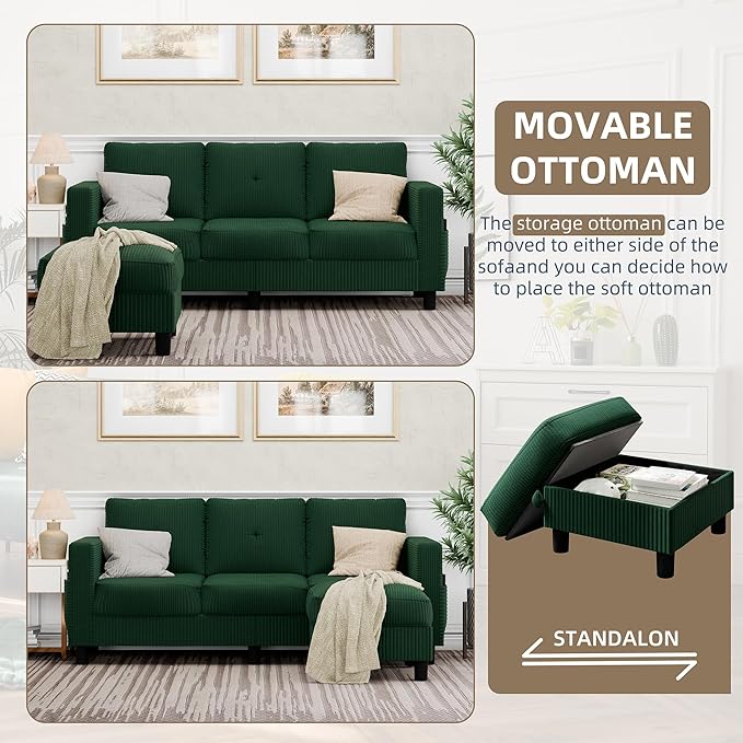 JAMFLY Convertible Sectional Couches for Living Room, L-Shaped Couch 3 Seat Sectional Sofa Set with Polyester Fabric and Movable Ottoman Small Couch for Apartments, Office,Green