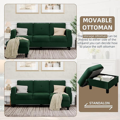 JAMFLY Convertible Sectional Couches for Living Room, L-Shaped Couch 3 Seat Sectional Sofa Set with Polyester Fabric and Movable Ottoman Small Couch for Apartments, Office,Green