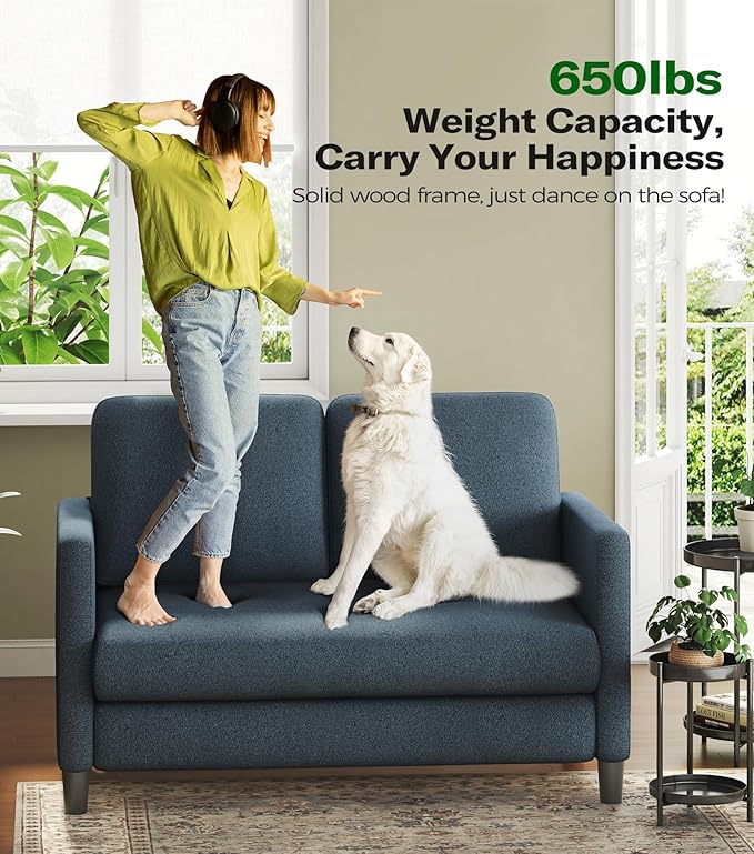 Loveseat Sofa, 51" Love Seat, Comfy Teddy Small Loveseat for Small Spaces, Tool-Free Setup Sofa Couch for Bedroom, All-Wood Couches for Living Room, No Pillow Included, Slate Blue