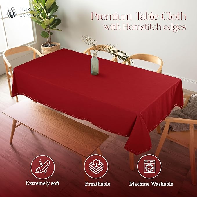 Red Cotton Tablecloth, Table Cover 52x70 Inch, Fits 4-6 Seats, Soft, Washable, Wrinkle Resistant, Rectangle Table Cloth for Dining, Anniversaries, Festive Gatherings, Family Dinner